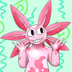 Digital art of a pink, speckled axolotl, by Kade